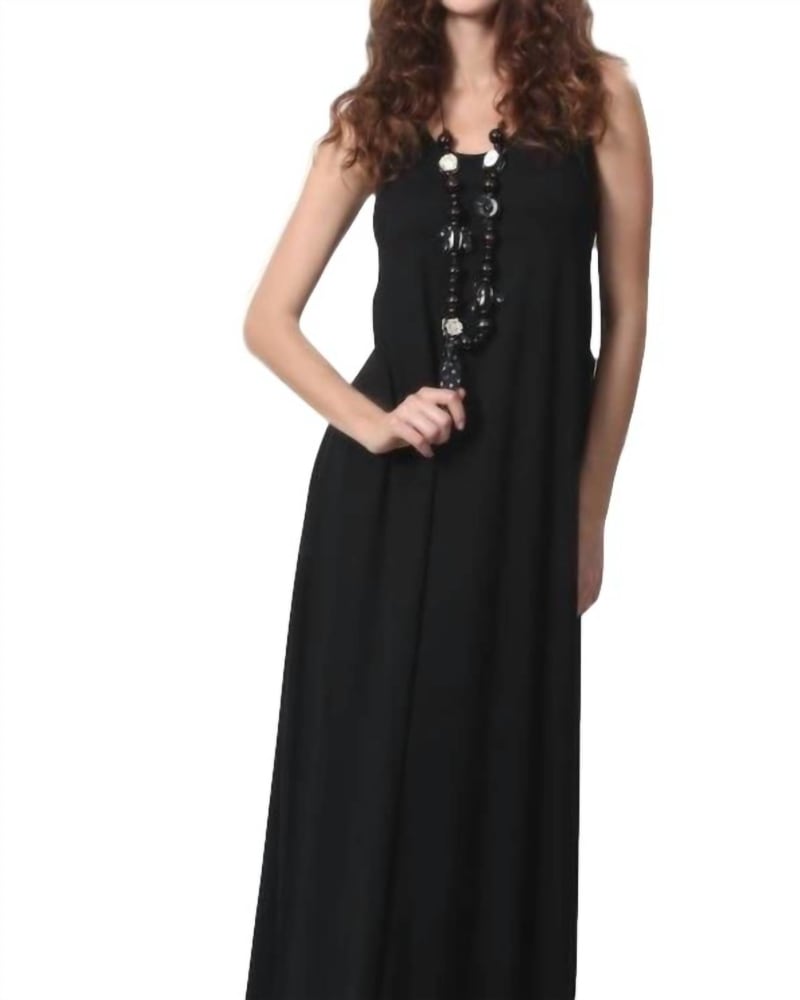 Front of a model wearing a size XL Back Buckle Maxi Dress In Black Multi in Black Multi by ANGEL. | dia_product_style_image_id:346879